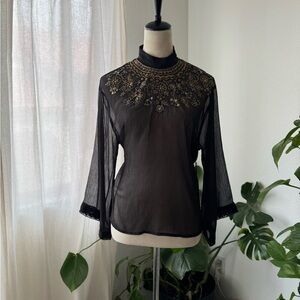 Black Embellished Sheer Bell Sleeve Blouse